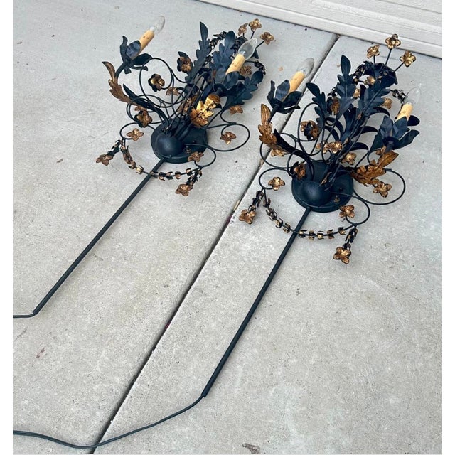 Pair of Black Iron and Tole Painted Two-Light Sconces – Circa 1950s For Sale - Image 11 of 12