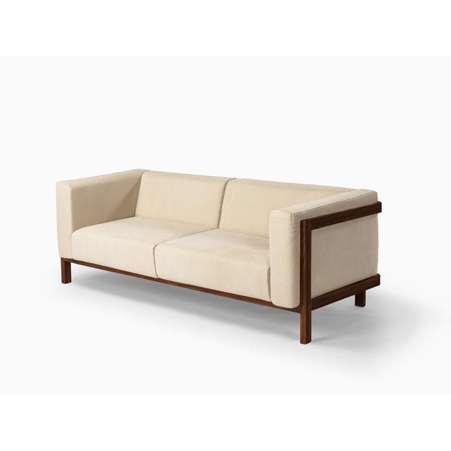 LIFT Minimalist Three-Seater Sofa in Walnut Wood and Pearl Fabric Seat by Julien Renault For Sale - Image 9 of 9