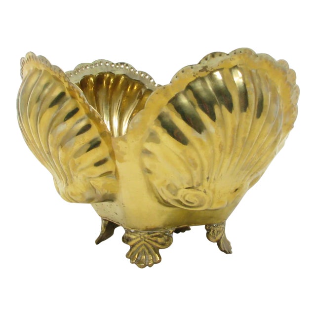 Vintage Clamshell Shaped Footed Brass Planter For Sale