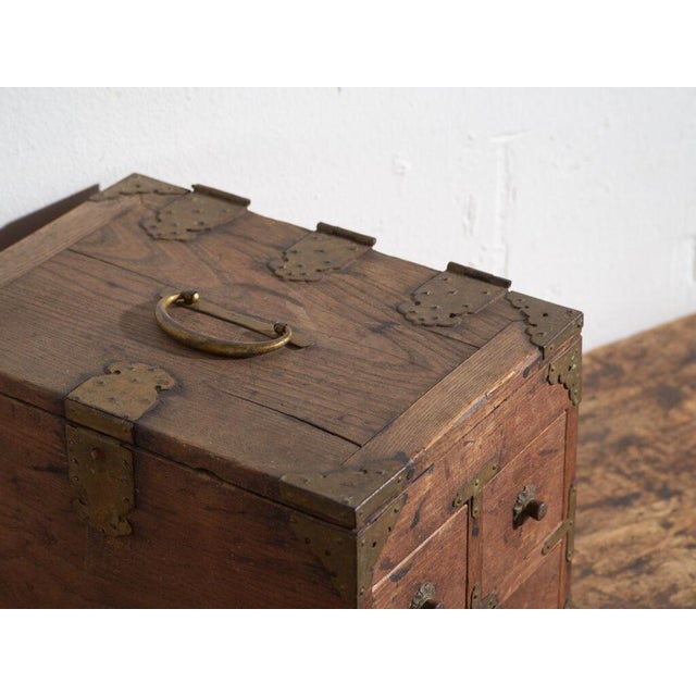 Antique Japanese storage box with drawers and hinged lid crafted in Japanese chestnut (Castanea crenata) and Japanese...