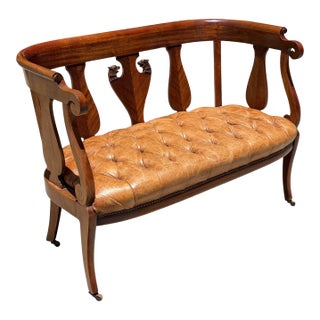 Antique Early 19th C Mahogany & Tufted Leather Sofa Settee For Sale