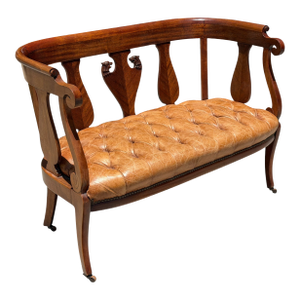 Antique Early 19th C Mahogany & Tufted Leather Sofa Settee