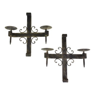 Vintage Wrought Iron Double Candle Wall Sconces - a Pair For Sale