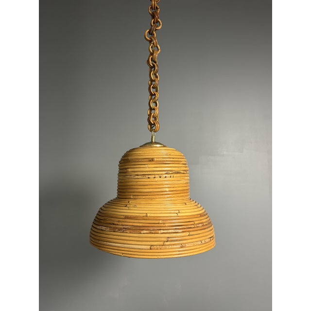Mid-Century Modern Mid-Century Italian Pencil Reed Rattan Bamboo and Brass Hanging Pendant Lamp, 1970s For Sale - Image 3 of 14