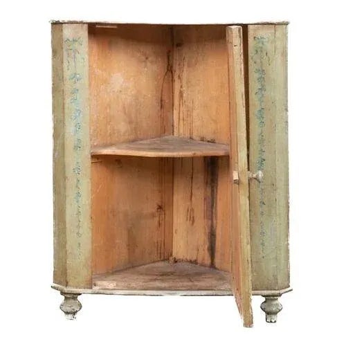 Antique European Provincial, probably Italian, green painted pine corner cabinet, late 19th century, having polychrome...