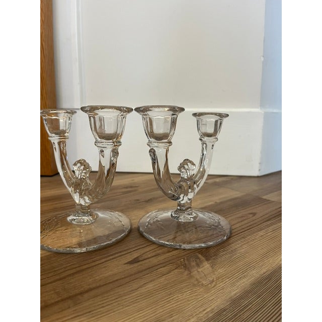 Antique Mid-Century Modern Paden City Lucy Pattern Clear Glass Twin Arm Double Candelabras - Pair For Sale - Image 9 of 10