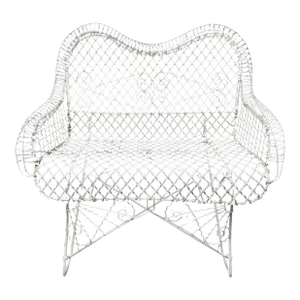 Antique French White Metal Wire Garden Settee
