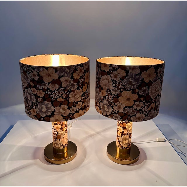Large Brutalist Table Lamps in Velvet and Brass with Opulent Floral Decor, 1970s, Set of 2 For Sale - Image 15 of 18