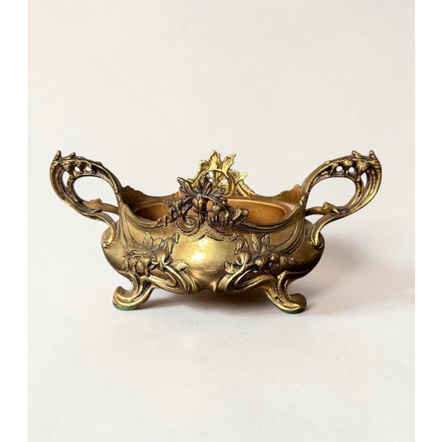 Brass Antique Art Nouveau Brass Jardinière Cachepot With Floral Relief & Pierced Handles, C. 1900–1920 For Sale - Image 8 of 8