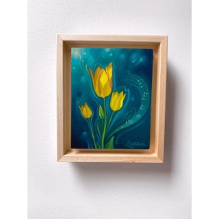 Musicis Tulips by Sybiline | Oil on Wood Painting of yellow tulips with musical notes For Sale