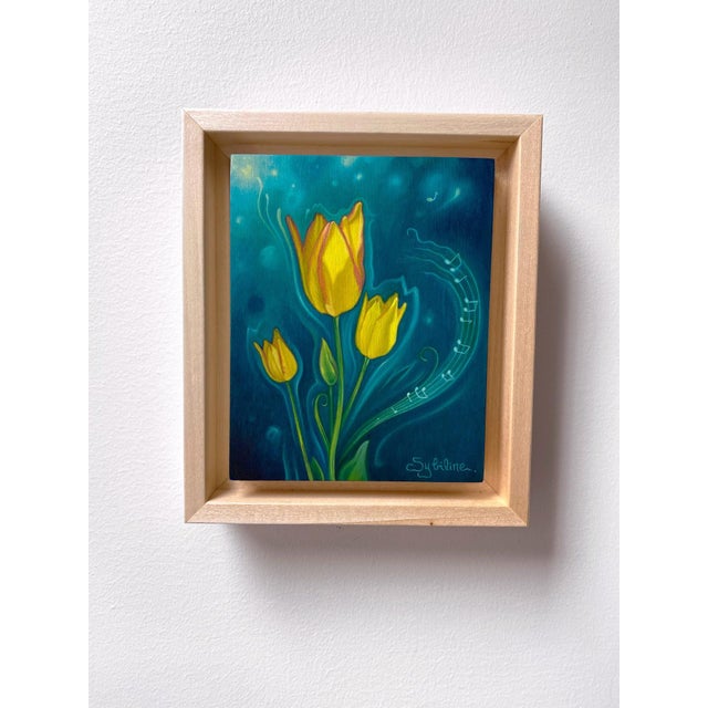 Musicis Tulips by Sybiline | Oil on Wood Painting of yellow tulips with musical notes For Sale