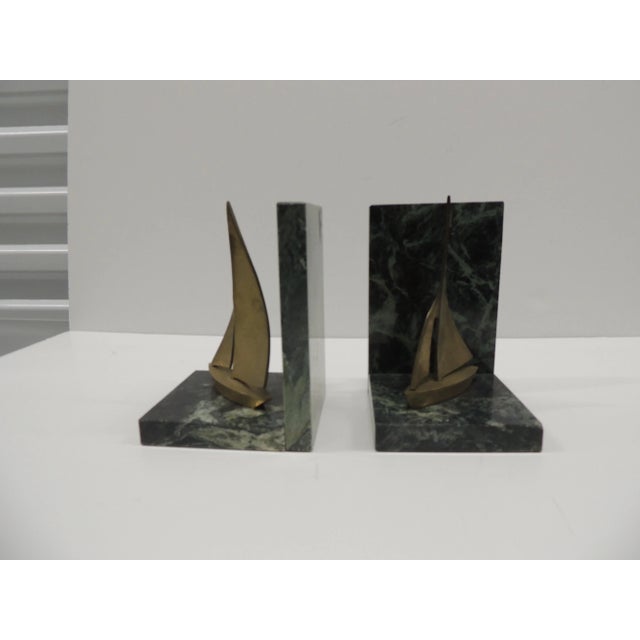 MCM Vintage Brass Sailing Boats and Green Marble Bookends - A Pair. Size: 4.5"D x 4"W x 6"H