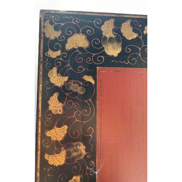 Chinoiserie 4 Panel Screen Red & Gold Lacquer & Black & Gold Border For Sale - Image 9 of 15