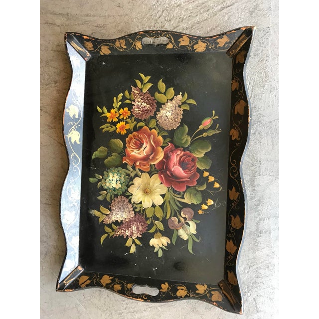 Vintage 1940s French Country Style Hand-Painted Floral Wooden Serving Tray For Sale - Image 4 of 5