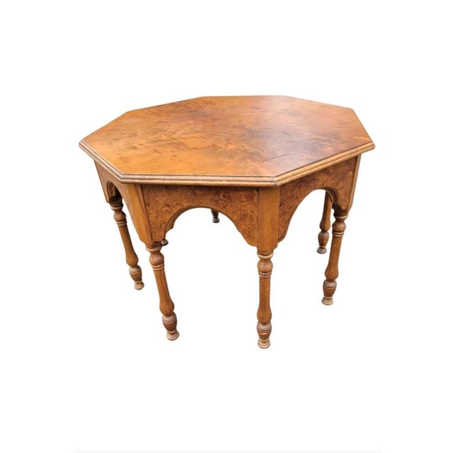 1940s Imperial Grand Rapids Gothic Burlwood Hexagonal Drapery Apron Side Table Center Table For Sale - Image 9 of 9