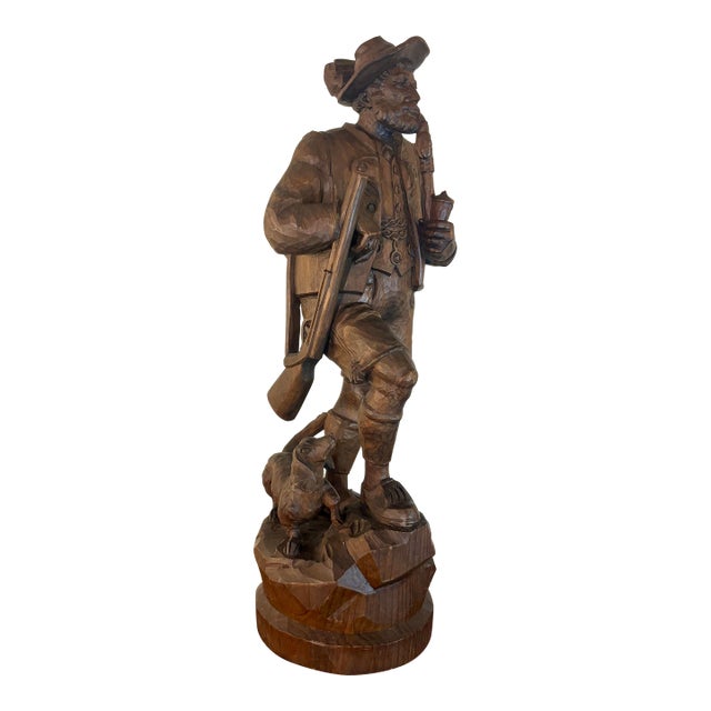 Antique Black Forest Hand-Carved Hunter Figure With Dog, Swiss Folk Art, 19c For Sale