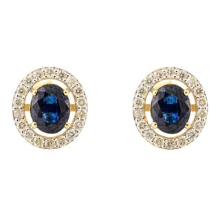 1.06 Carats Oval Royal Blue Sapphire Diamond Halo Stud Earrings- A Pair For Sale