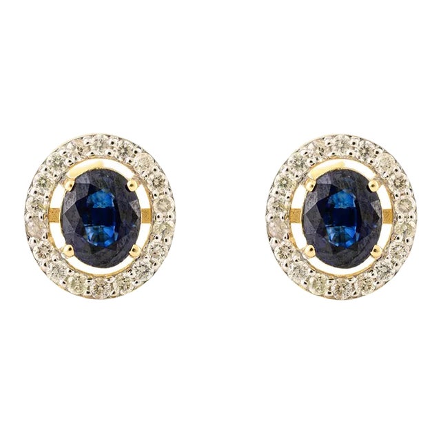 1.06 Carats Oval Royal Blue Sapphire Diamond Halo Stud Earrings- A Pair For Sale