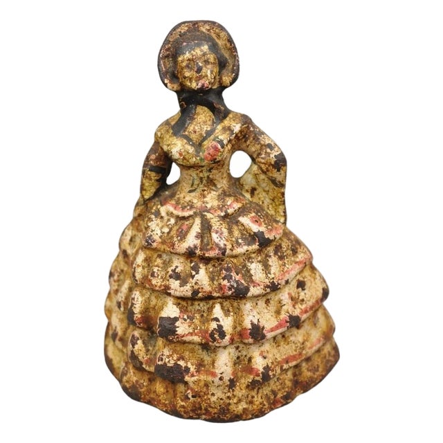 Antique Victorian Cast Iron Figural Painted Small Hoop Skirt Girl Door Stop For Sale