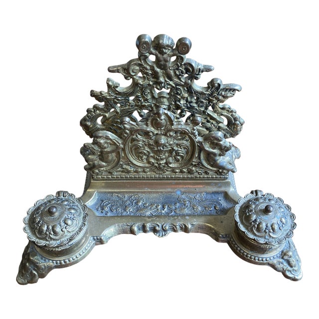 1970s Rococo Brass Double Ink Well For Sale