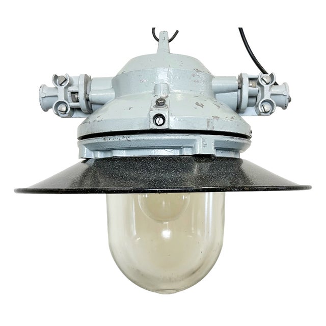 Grey Cast Aluminium Explosion Proof Lamp with Enameled Shade from Elektrosvit, 1970s For Sale