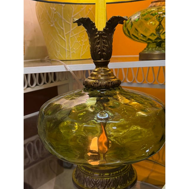 1960s Green Pressed Glass and Brass Finish Lamp Custom Foil Shade For Sale - Image 9 of 9