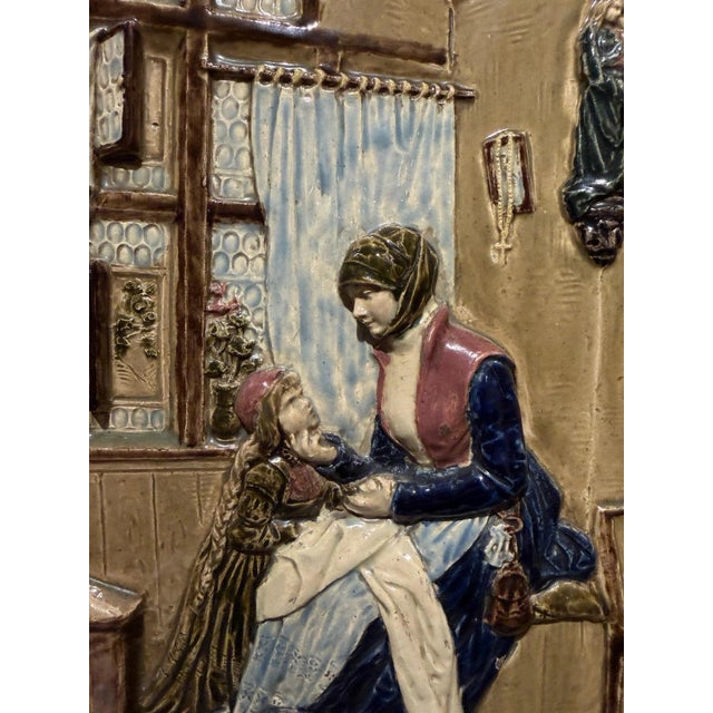 Ceramic Historicism Porcelain Majolica Relief Image of a Mother with Children in a Room, 1890s For Sale - Image 7 of 13