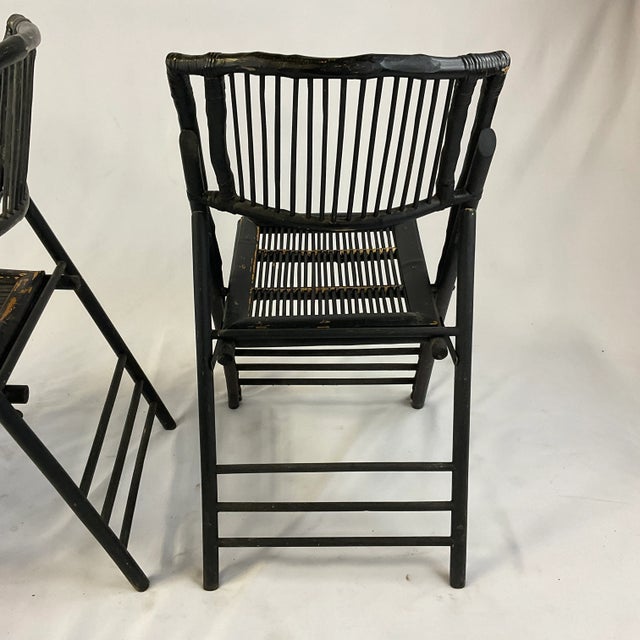 Wood Vintage Chinoiserie Black Painted Bamboo & Wood Folding Chairs - A Pair For Sale - Image 7 of 11