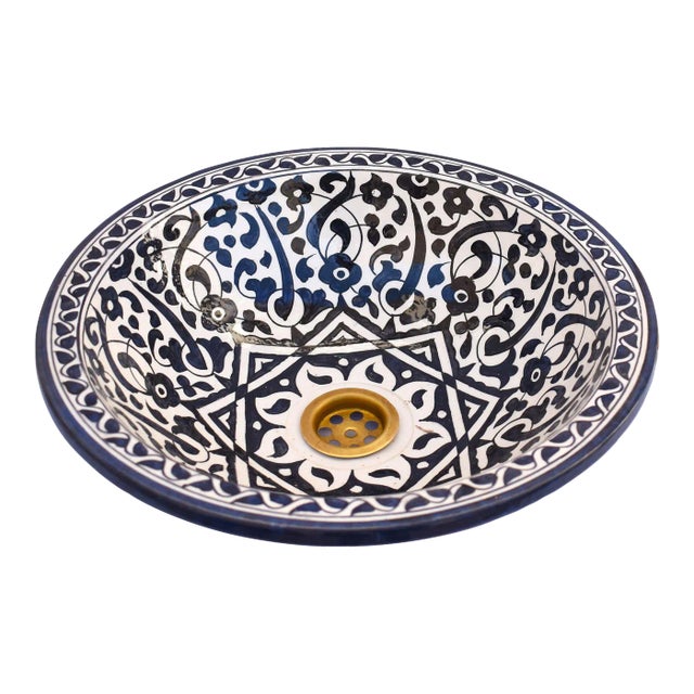 Moroccan Paint Bowl Black White Flower Ceramic Countertop Vessel Sink For Sale