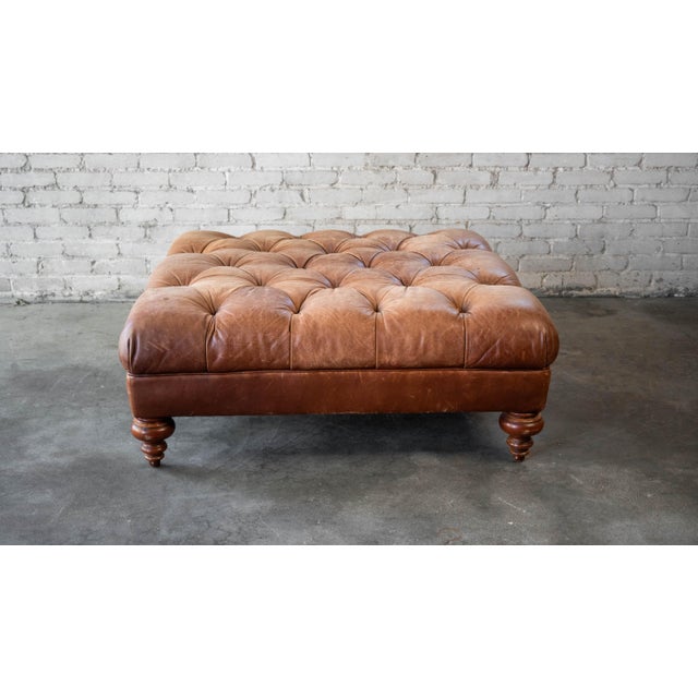 English Vintage Thomasville Tufted Distressed Leather Chesterfield Cocktail Ottoman For Sale - Image 3 of 14