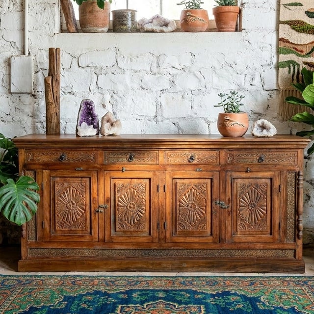 Wood Antique Hand-Carved Long Sideboard – Rustic Wood Credenza Tv Console 88x40 For Sale - Image 7 of 8