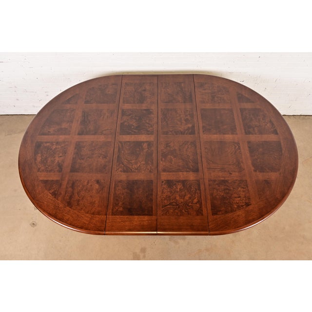 Late 20th Century Henredon Italian Provincial Carved Walnut and Burl Wood Pedestal Extension Dining Table, Newly Refinished For Sale - Image 5 of 14