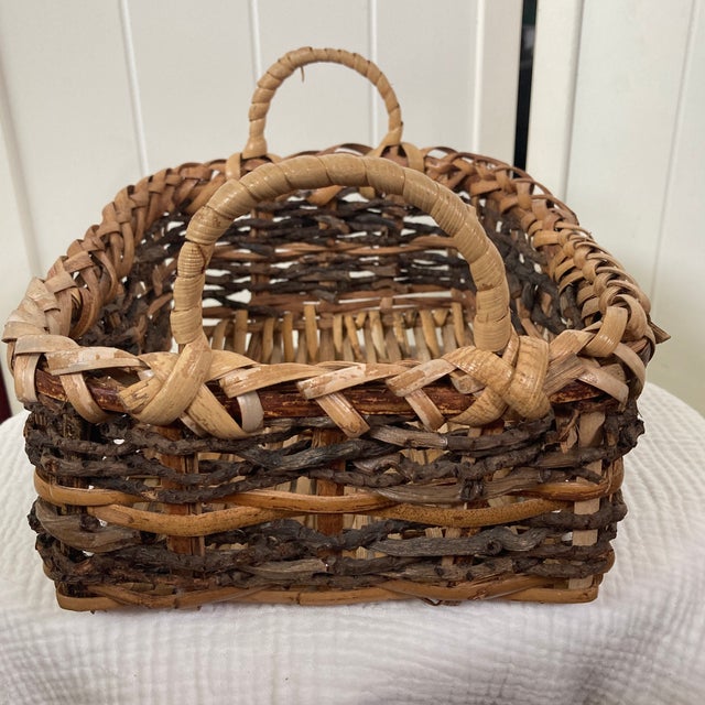 Contemporary Vintage 11” Hand-Woven Grapevine Gathering Basket - Signed Br For Sale - Image 3 of 12