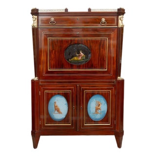 Antique Mahogany Secretary Desk with Bronze Inlays Featuring Neoclassical Scenes, 19th Century For Sale