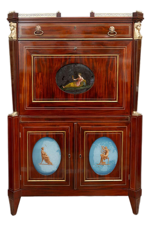 Antique Mahogany Secretary Desk with Bronze Inlays Featuring Neoclassical Scenes, 19th Century