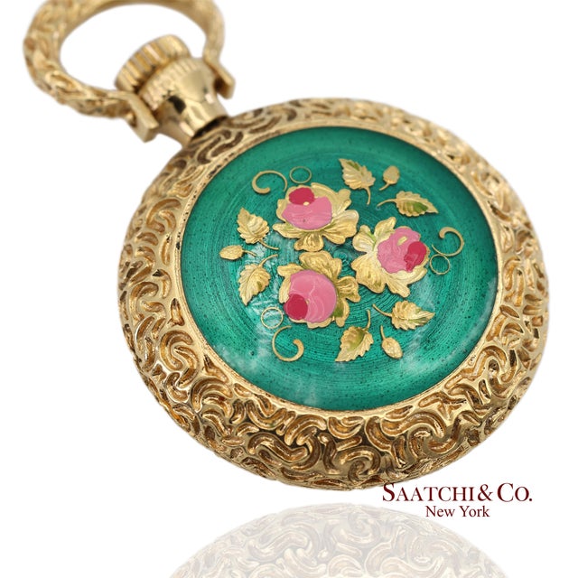 Metal 18k 750 Yellow Gold Enamel Pocket Watch Pendant Necklace For Sale - Image 7 of 14