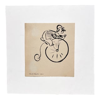 A Charming 1940s Drawing of Mustachioed Gent on a High Wheel Bicycle by Harold Haydon For Sale