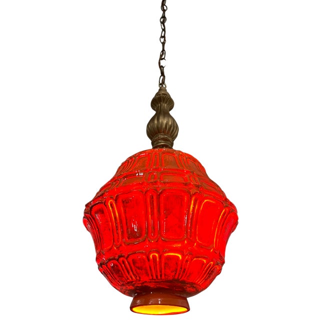 Mid-Century Distressed Orange Pressed Glass Pendant Light For Sale - Image 12 of 18