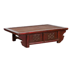 19th Century Chinese Qing Dynasty Dark Red Lacquer & Rattan Top Coffee Table