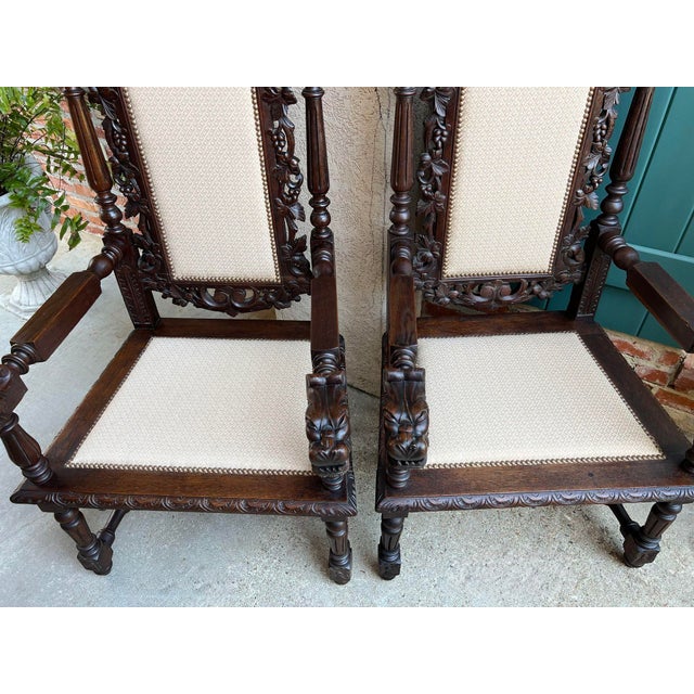 Wood Pair Antique French Arm Chairs Dining Renaissance Carved Oak Bird Black Forest For Sale - Image 7 of 12