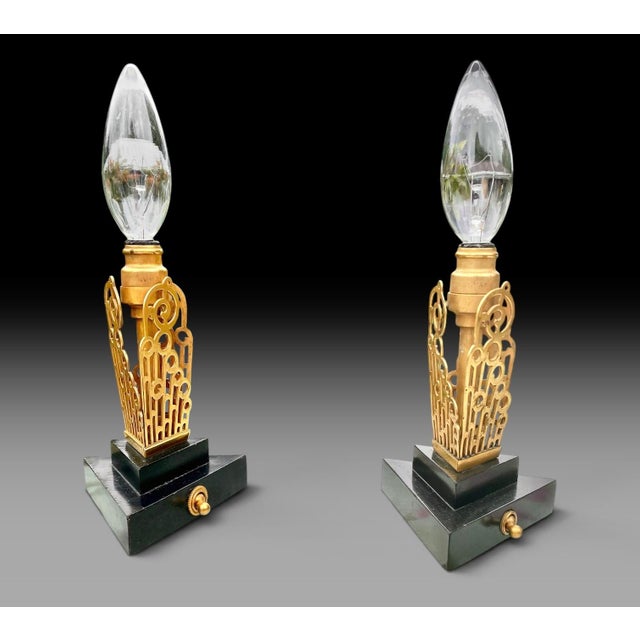Brass 1930s American Art Deco Brass Wood Boudoir Lamps Silk Shades - a Pair For Sale - Image 8 of 16
