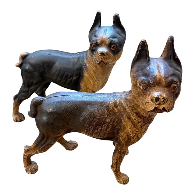 1920s Cast Ion Hubbly Boston Terriers Door Stops -Pair For Sale