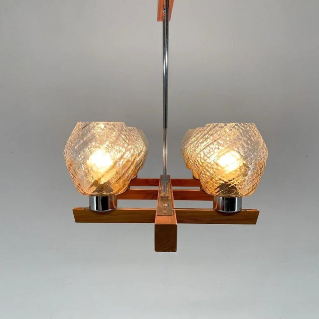 Wood, Chrome & Glass Chandelier attributed to Elektroinstala Decin, 1970s For Sale - Image 6 of 11