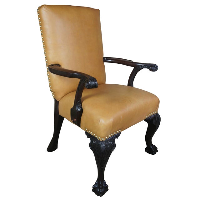 Antique 19th C English Chippendale Arm Chair Carved Mahogany Leather Ball Claw For Sale - Image 13 of 13
