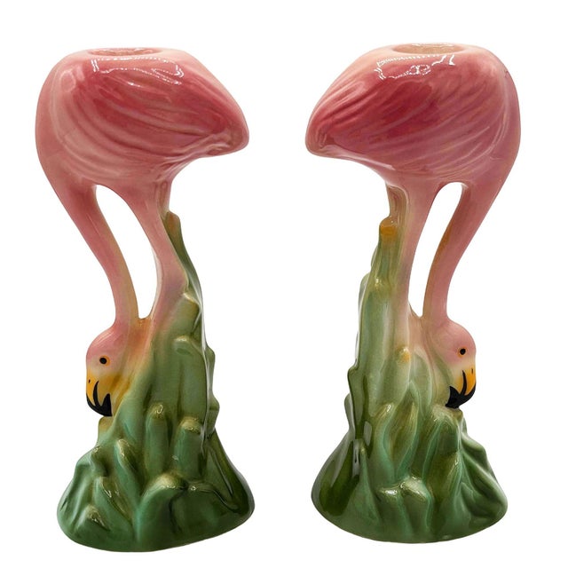 Modern 1987 Ceramic Flamingo Tropical Candle Holder Pair by Ronnie's Ceramic Company For Sale - Image 3 of 6