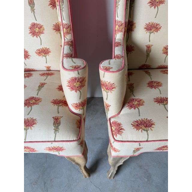 Cream Vintage Hollywood Regency Style Floral Upholstered Wingback Lounge Chairs – A Pair For Sale - Image 8 of 15
