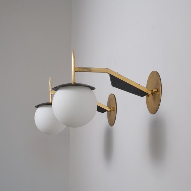 Metal Italian Brass and Black Sconces with Opaline Glass Globes, 1950s, Set of 2 For Sale - Image 7 of 13