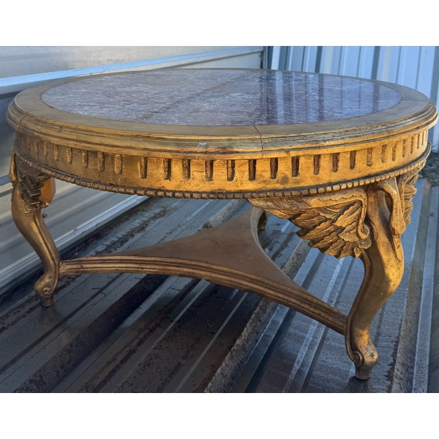 Gold Vintage Neoclassical Style Gilt Wood Coffee Table With Marble Top – French Empire Inspired For Sale - Image 8 of 16