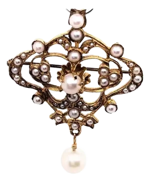 14 Karat Yellow Gold and Pearl Brooch With Dangling Pearl