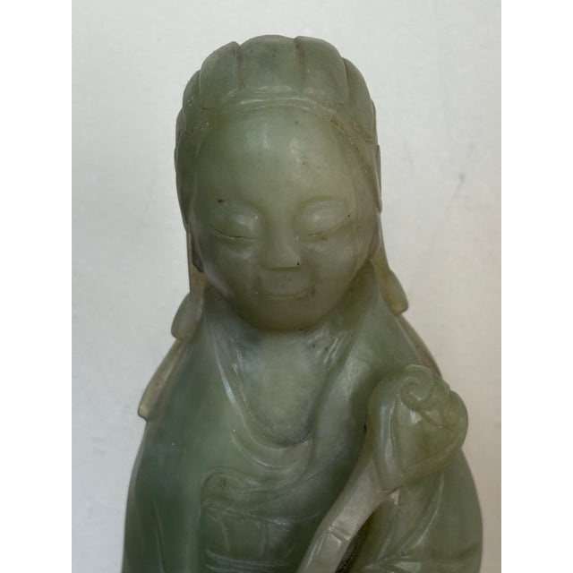 Vintage Mid Century Chinese Carved Guanyin Serpentine 9” Stone Statue For Sale In Indianapolis - Image 6 of 12